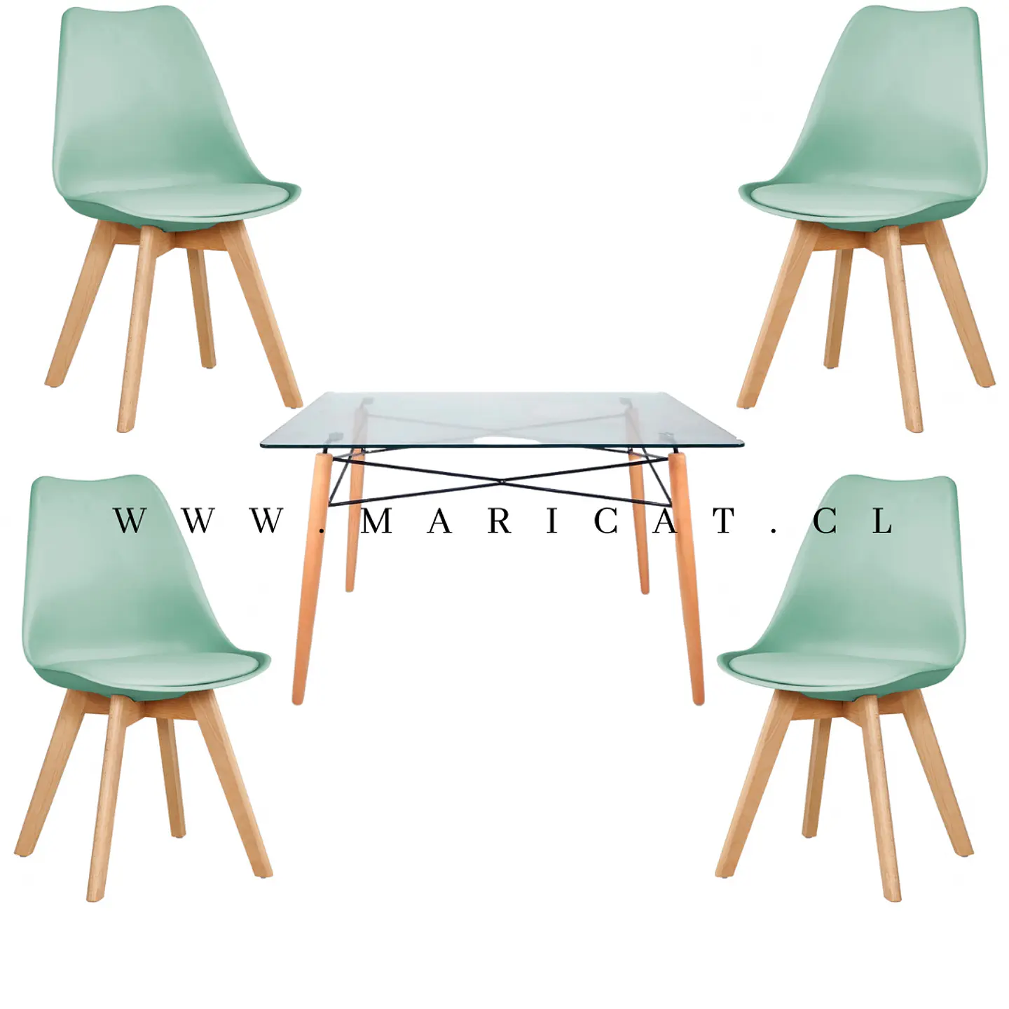 Mesa Rectangular Europeo vidrio metal + 4 sillas Tulip polipropileno con cojin- Comedor 140cm 6