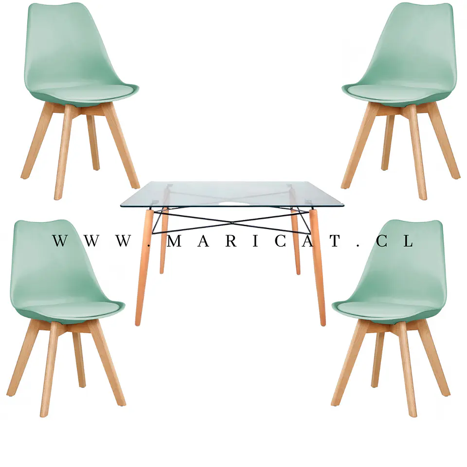 Mesa Rectangular Europeo vidrio metal + 4 sillas Tulip polipropileno con cojin- Comedor 140cm 6