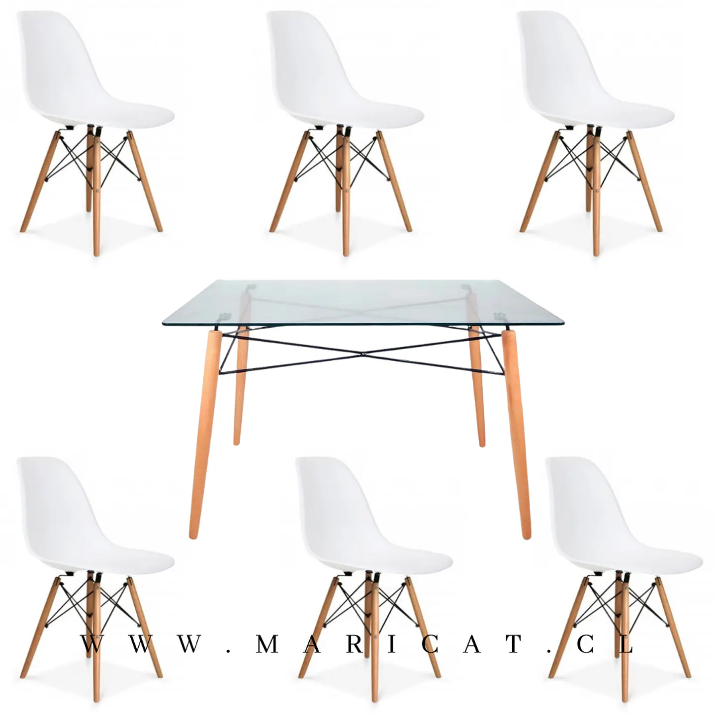 Mesa rectangular europeo vidrio + 4 sillas eames polipropileno- comedor 120cm 4