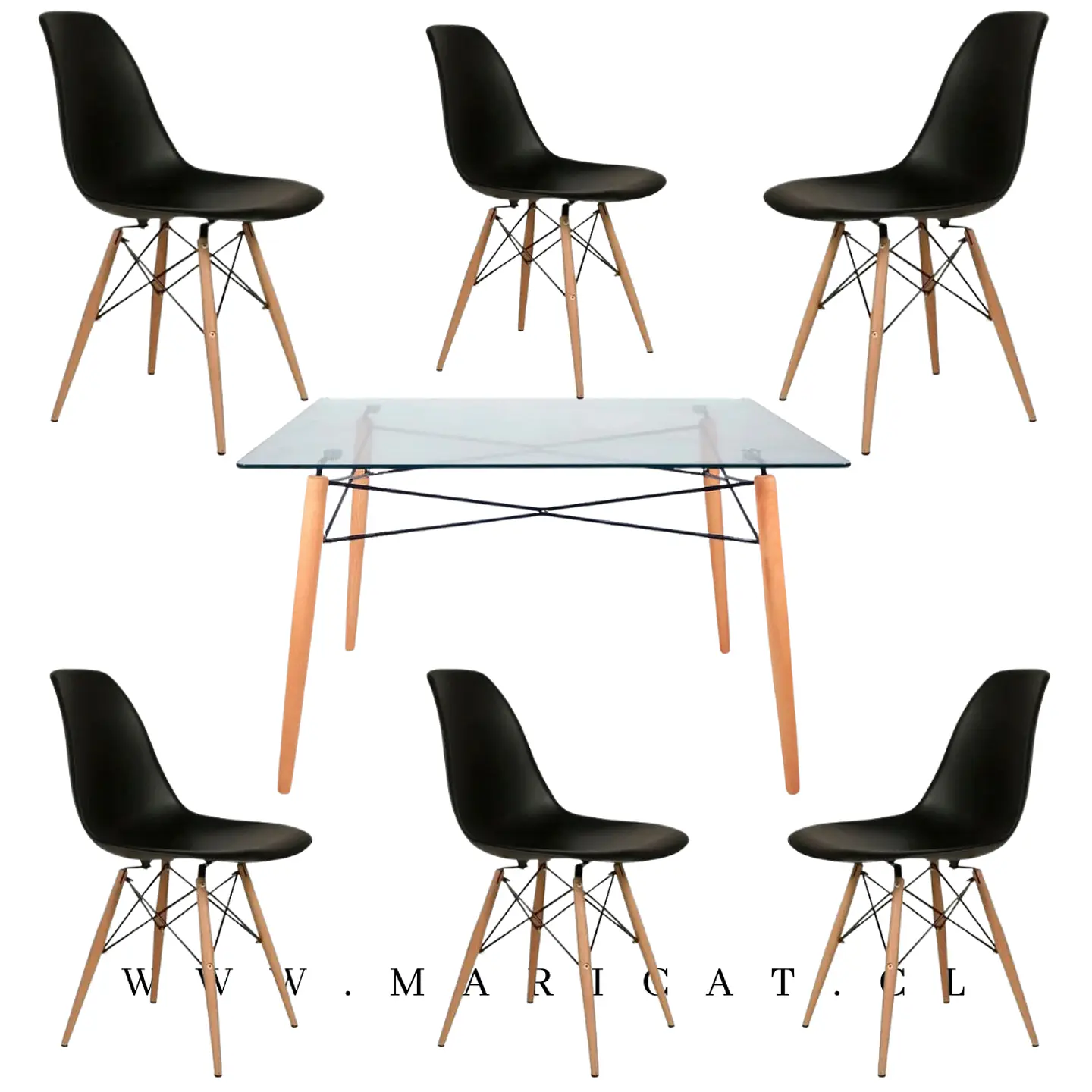 Mesa rectangular europeo vidrio + 4 sillas eames polipropileno- comedor 120cm 6