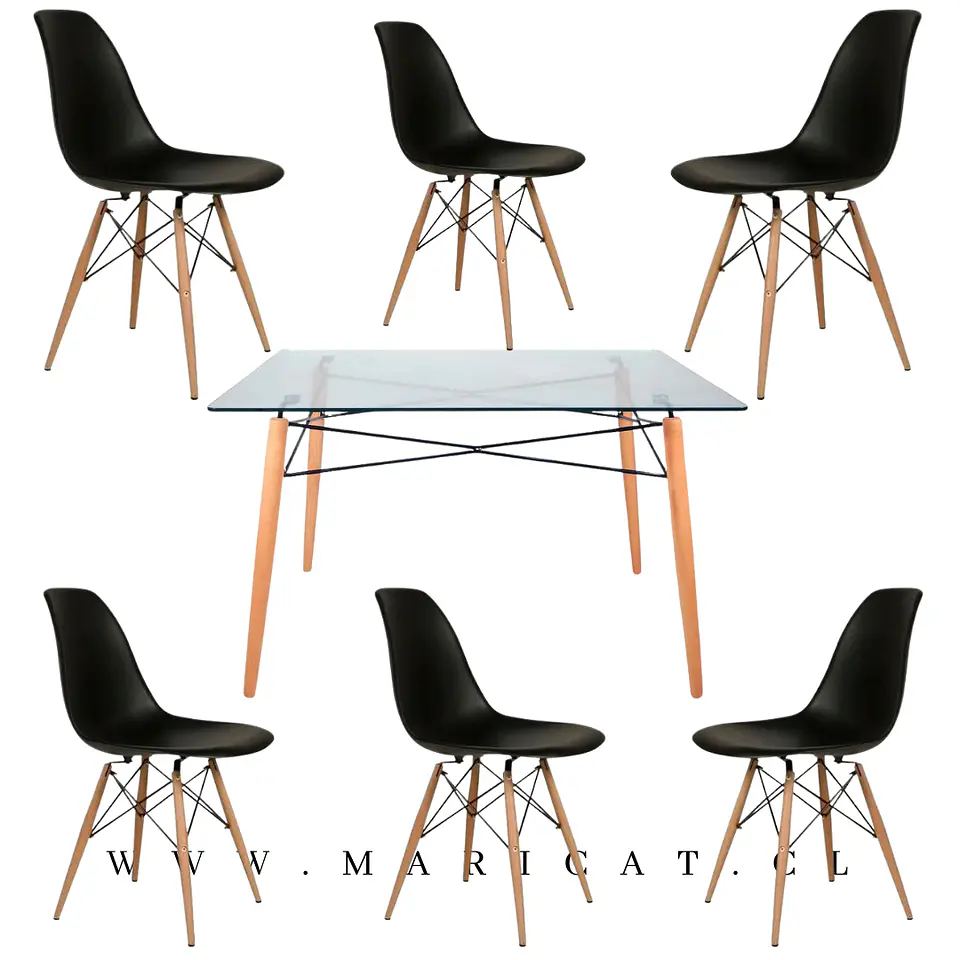 Mesa rectangular europeo vidrio + 4 sillas eames polipropileno- comedor 120cm 6