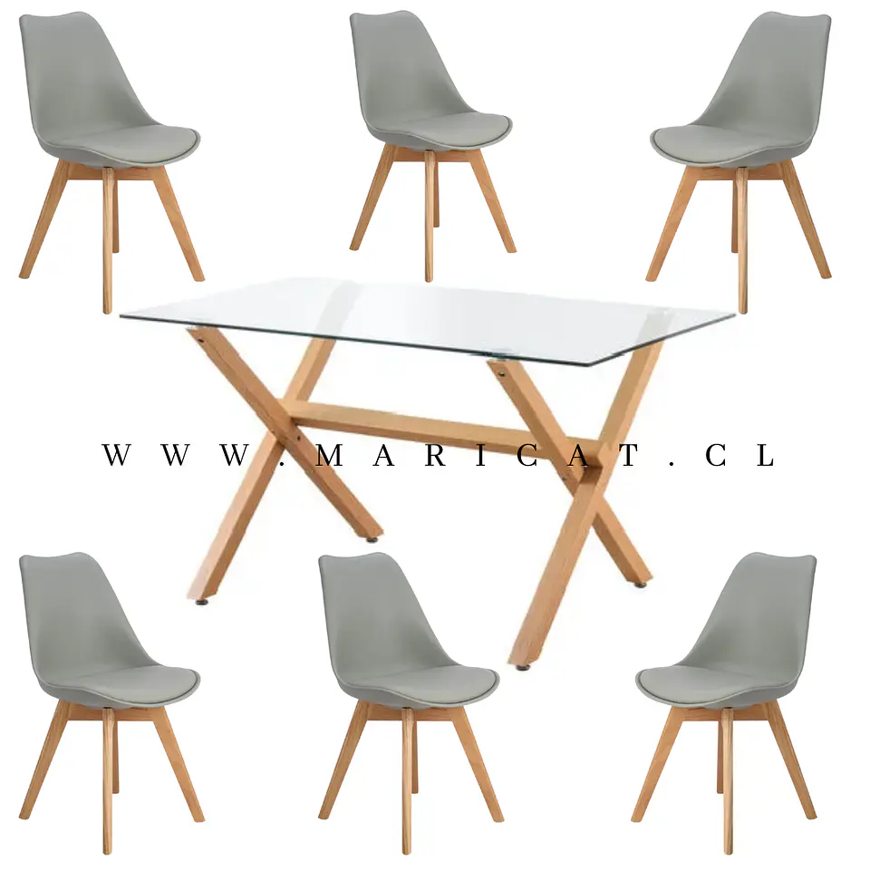 Mesa Rectangular cross madrid vidrio + 6 Sillas Tulip polipropileno con cojin- comedor 130cm 6