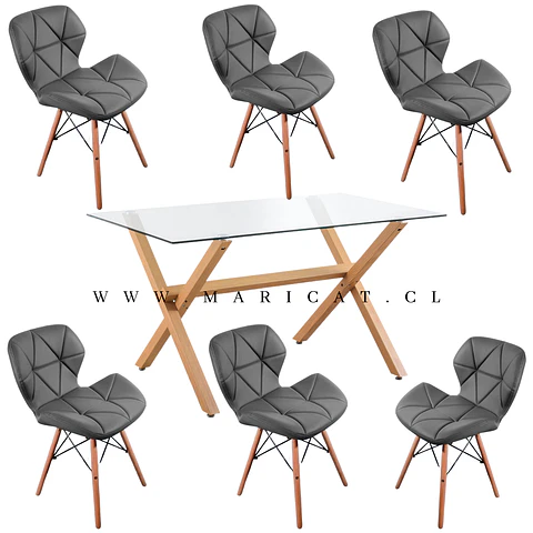 Comedor Rectangular Vidrio 6 Sillas Eames – Mesa 130cm