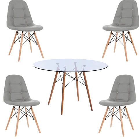 Comedor Redondo Vidrio 4 Sillas Capitoné – Mesa 100cm