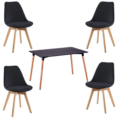 Mesa Rectangular Eames MDF + 4 sillas Tulip Felpa Acolchada-comedor 120cm