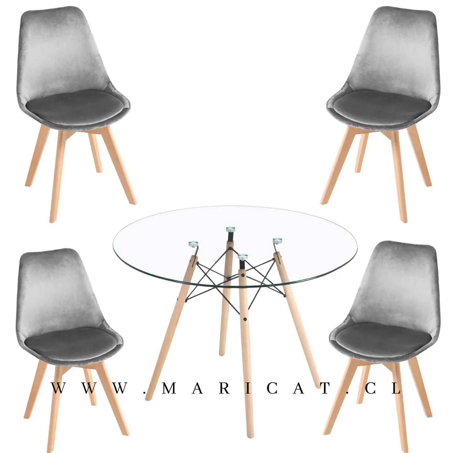 Mesa Redondo eames Vidrio + 4 Sillas Tulip Velvet– comedor 80cm 3