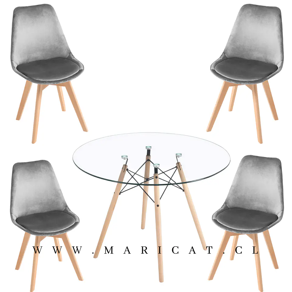 Mesa Redondo eames Vidrio + 4 Sillas Tulip Velvet– comedor 80cm 3
