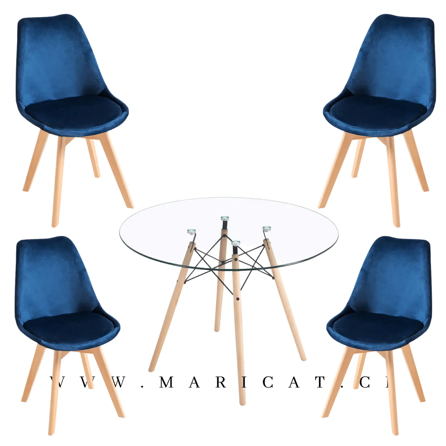 Mesa Redondo eames Vidrio + 4 Sillas Tulip Velvet– comedor 80cm 4
