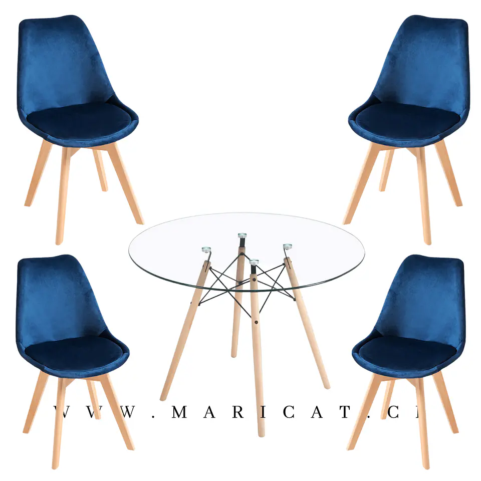 Mesa Redondo eames Vidrio + 4 Sillas Tulip Velvet– comedor 80cm 4