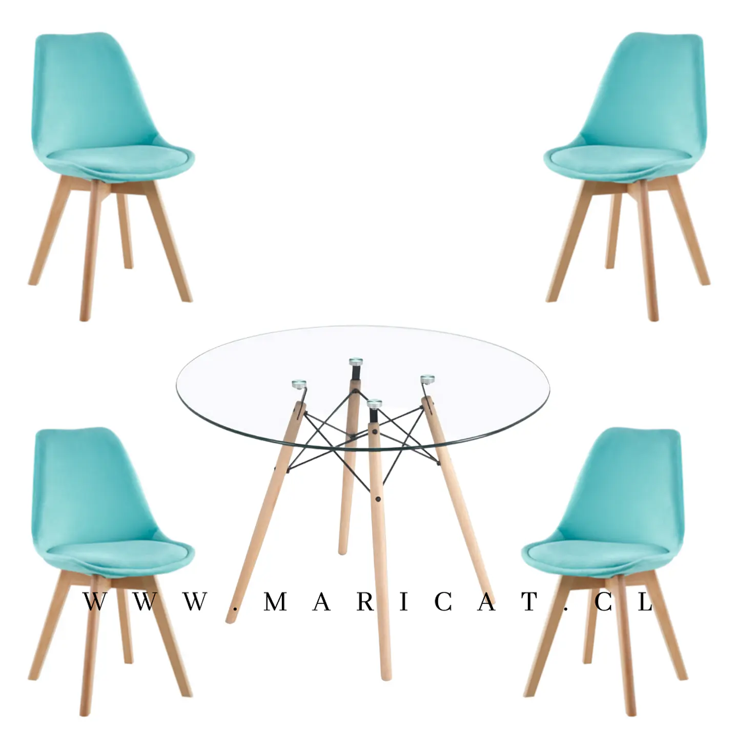 Mesa Redondo eames Vidrio + 4 Sillas Tulip Velvet– comedor 80cm 2