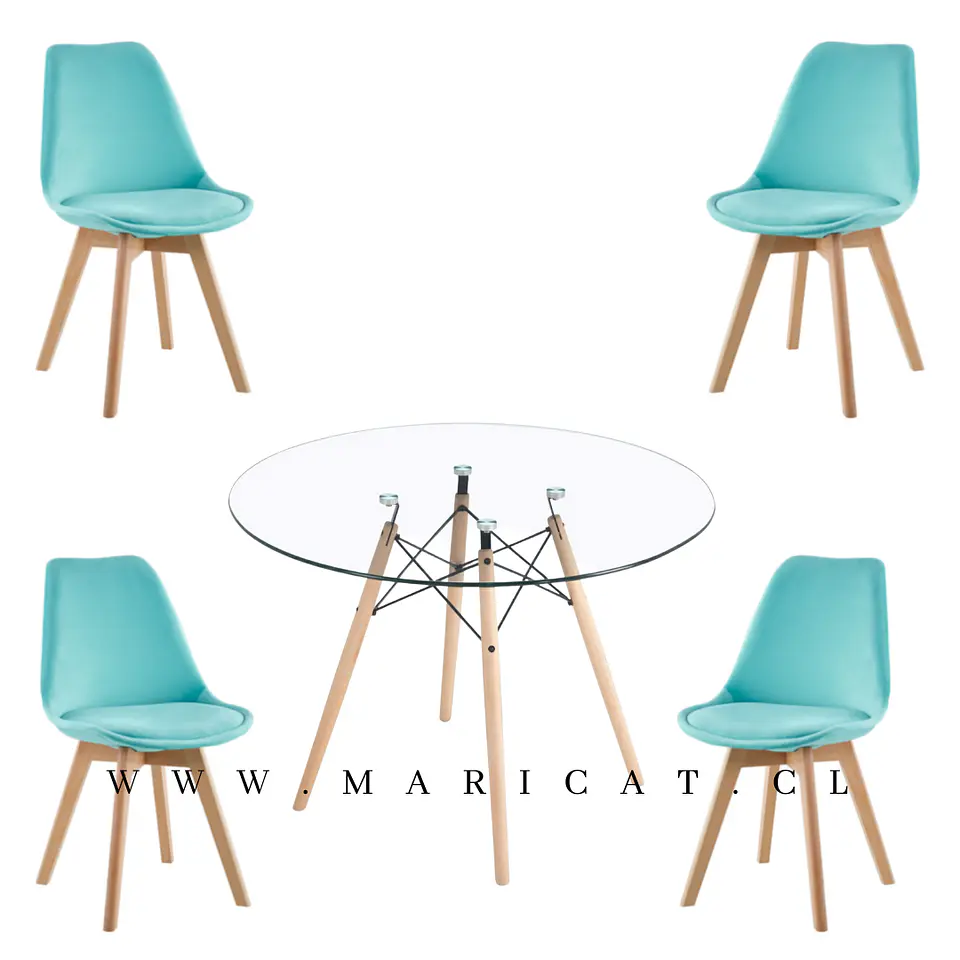 Mesa Redondo eames Vidrio + 4 Sillas Tulip Velvet– comedor 80cm 2
