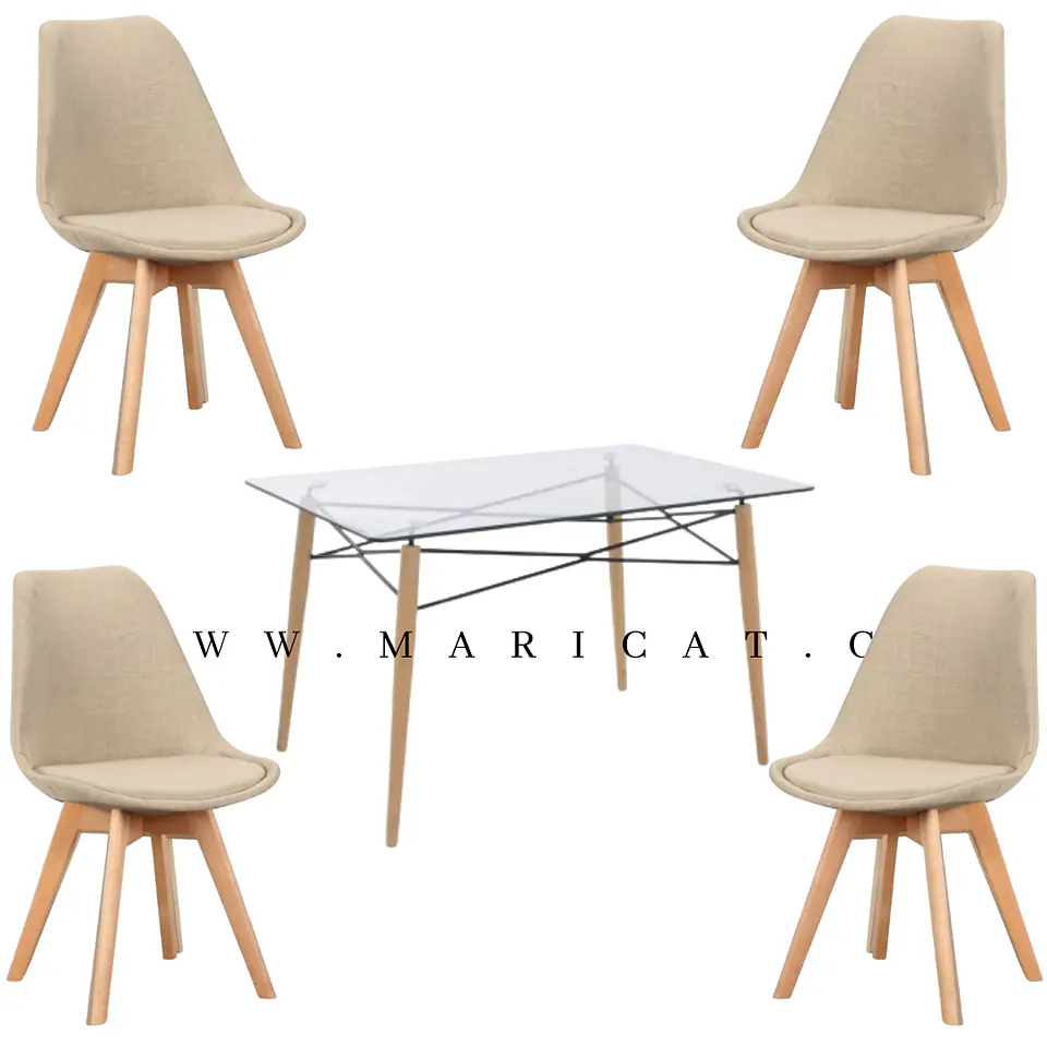 Mesa Rectangular europeo vidrio + 4 sillas Tulip acolchadas Lino- comedor 140cm 2