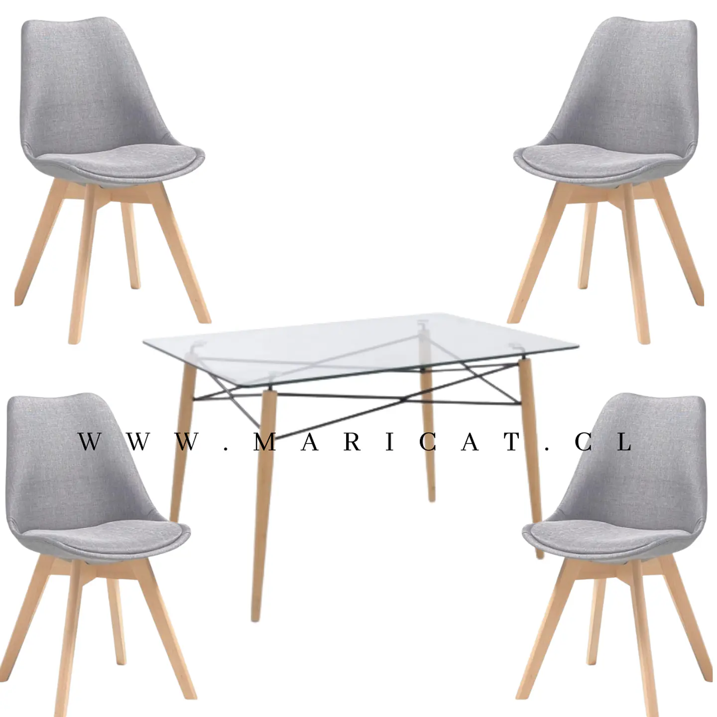 Mesa Rectangular europeo vidrio + 4 sillas Tulip acolchadas Lino- comedor 140cm 3