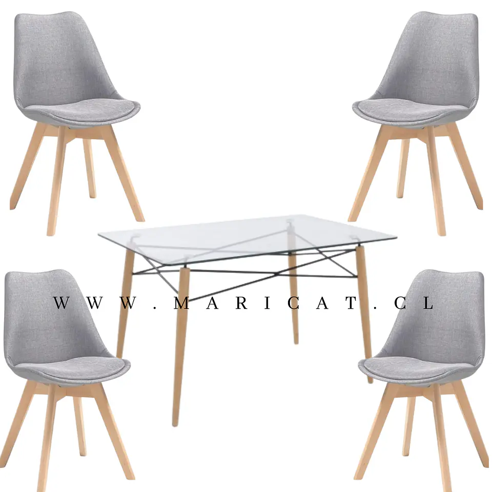 Mesa Rectangular europeo vidrio + 4 sillas Tulip acolchadas Lino- comedor 140cm 3