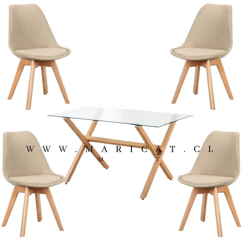 Mesa Rectangular cross chile vidrio + 4 sillas tulip acolchadas Lino- comedor 130cm 3