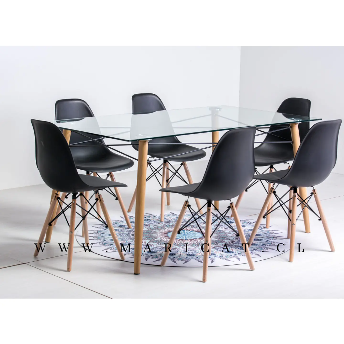 Mesa rectangular europeo vidrio + 6 sillas eames polipropileno- comedor 140cm 2