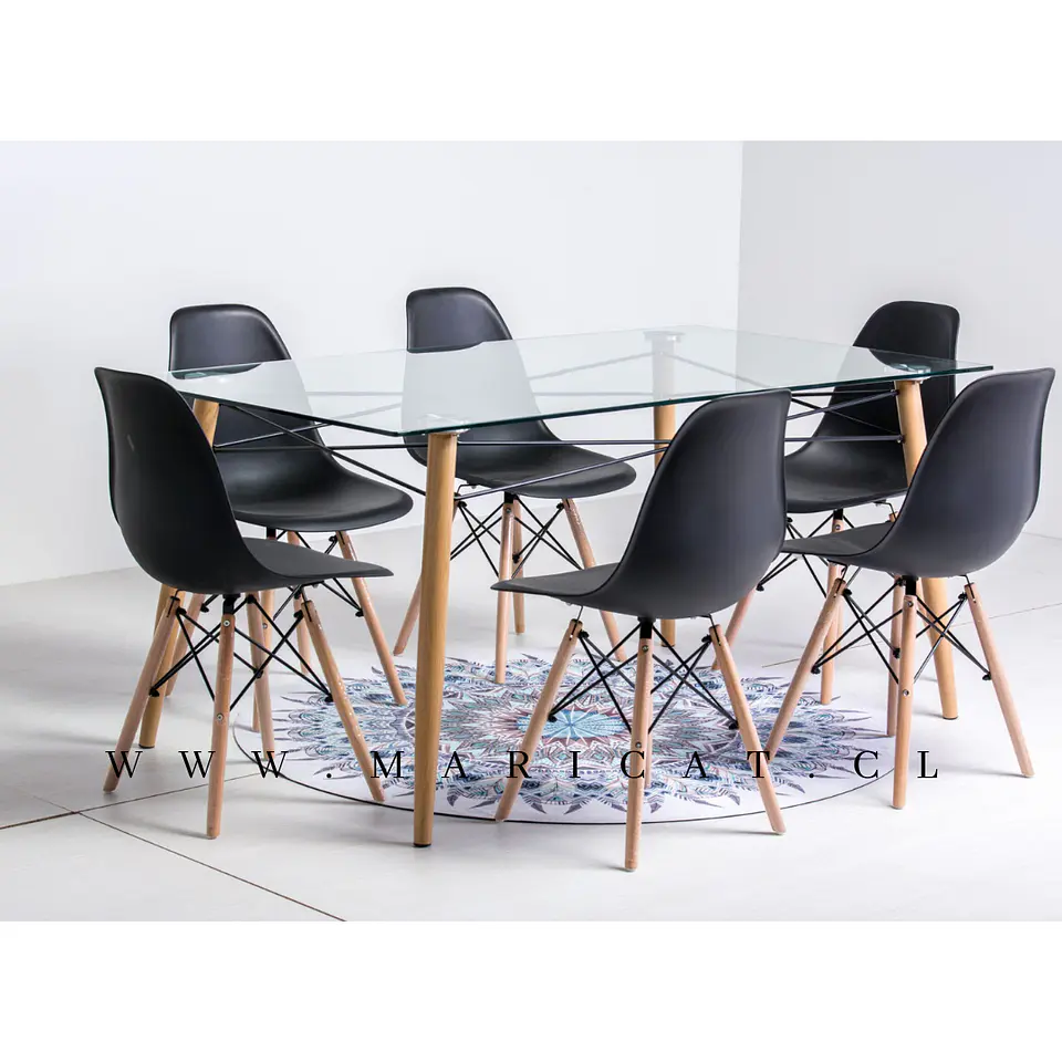 Mesa rectangular europeo vidrio + 6 sillas eames polipropileno- comedor 140cm 2