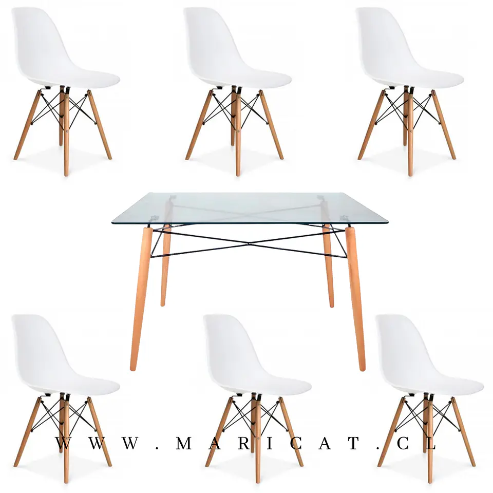 Mesa rectangular europeo vidrio + 6 sillas eames polipropileno- comedor 140cm 4