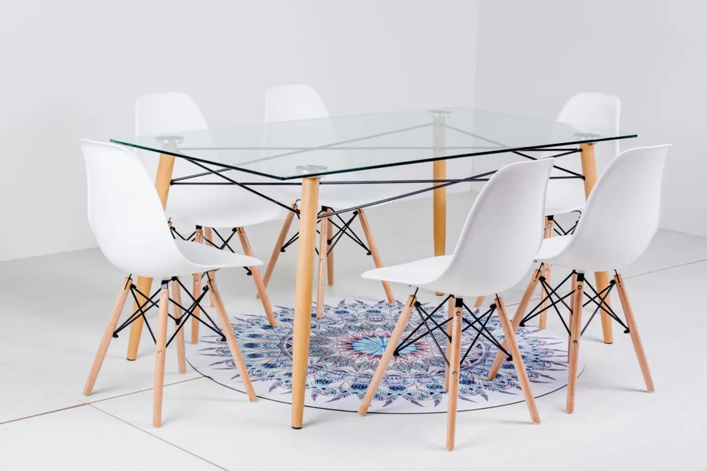 Mesa rectangular europeo vidrio + 6 sillas eames polipropileno- comedor 140cm 1