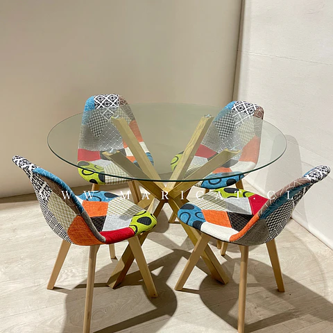 Comedor Redondo Vidrio 4 Sillas Patchwork – Mesa 120cm