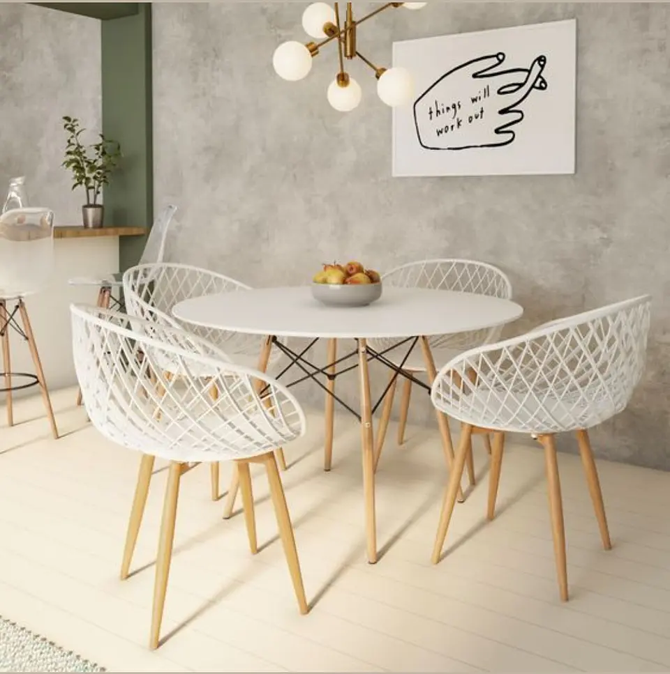 Mesa Redonda Vidrio +4 Sillas Eames – Comedor 120cm 1