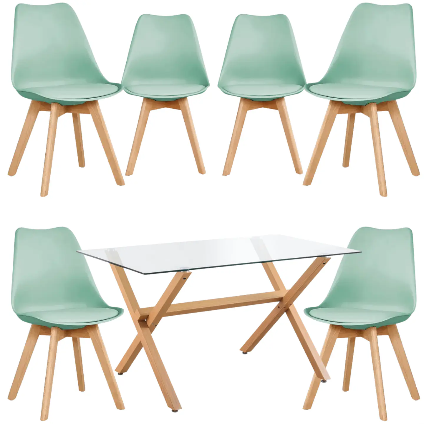 Mesa Rectangular cross madrid vidrio + 6 Sillas Tulip polipropileno con cojin- comedor 130cm 7