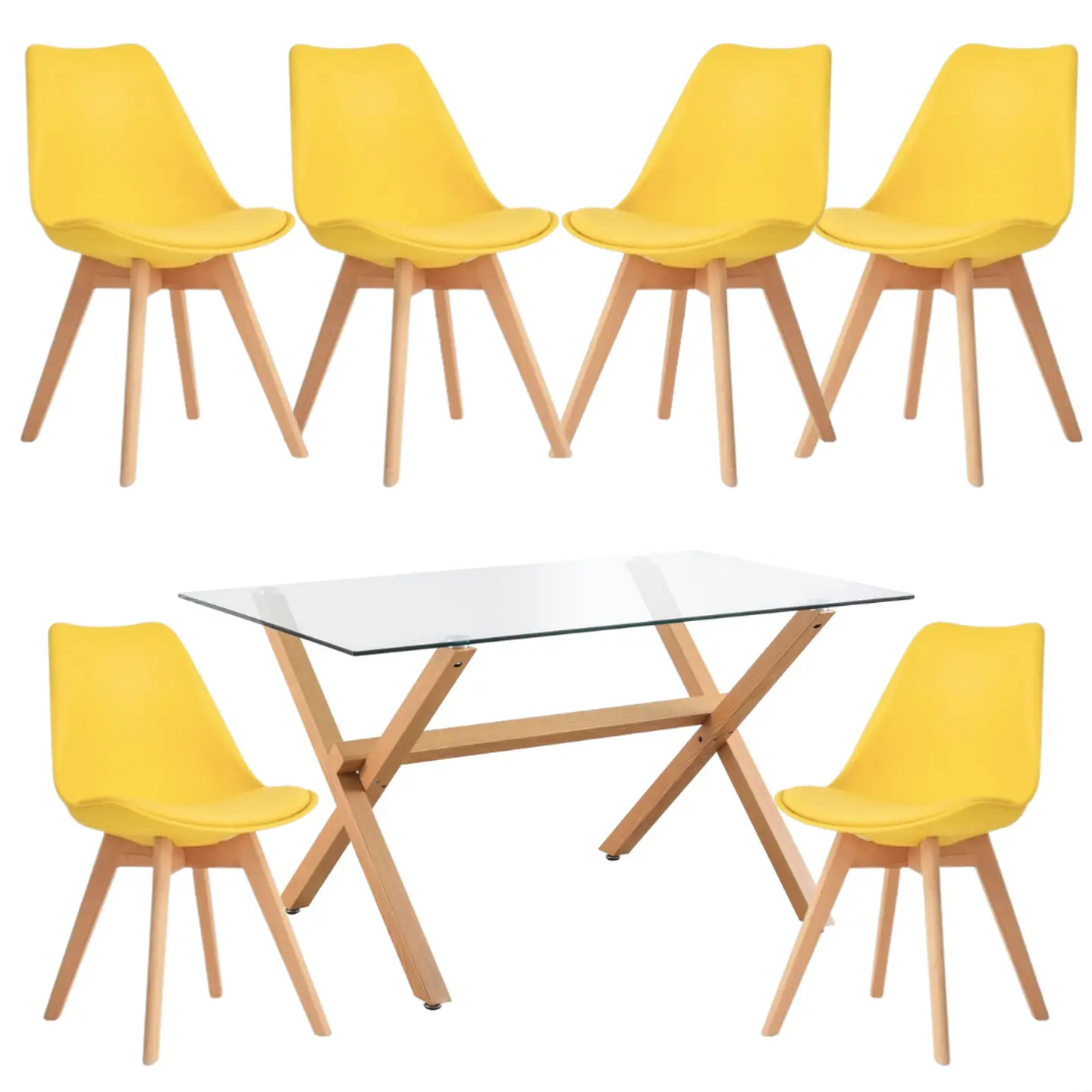 Mesa Rectangular cross madrid vidrio + 6 Sillas Tulip polipropileno con cojin- comedor 130cm 8