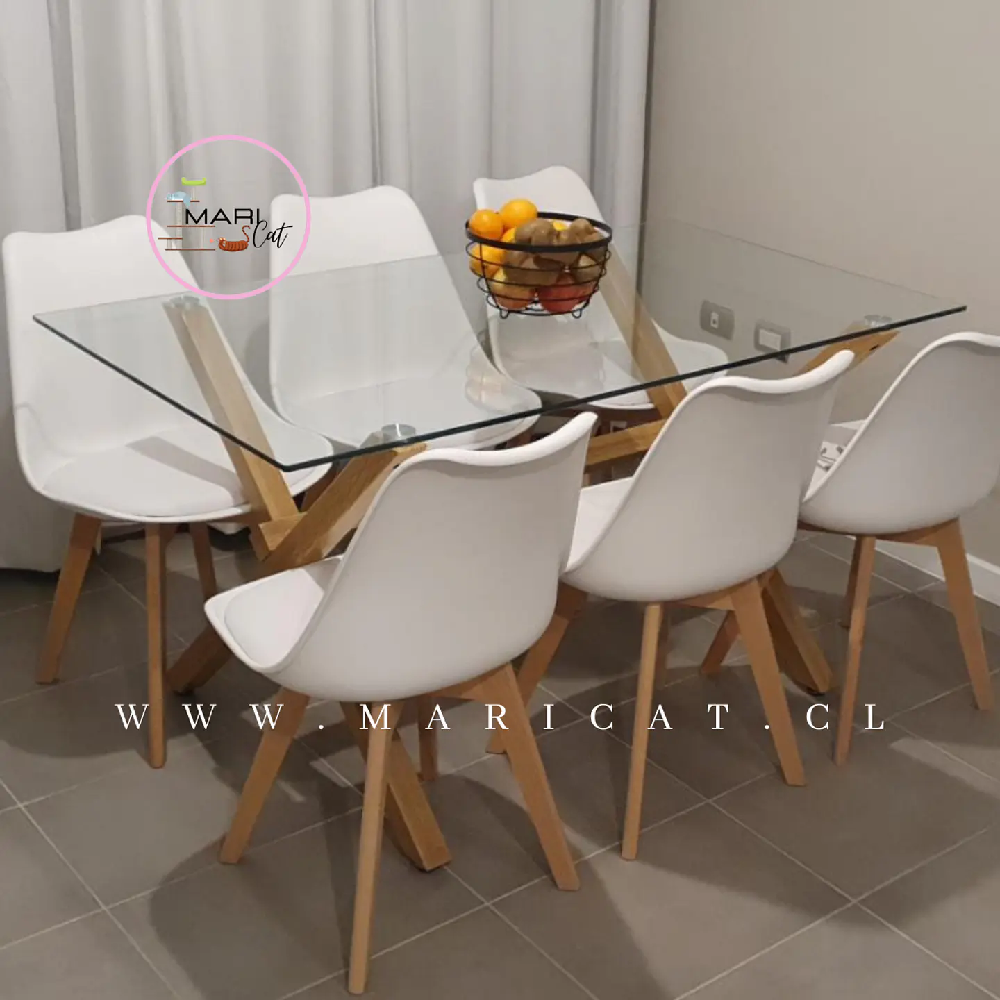 Mesa Rectangular cross madrid vidrio + 6 Sillas Tulip polipropileno con cojin- comedor 130cm 1