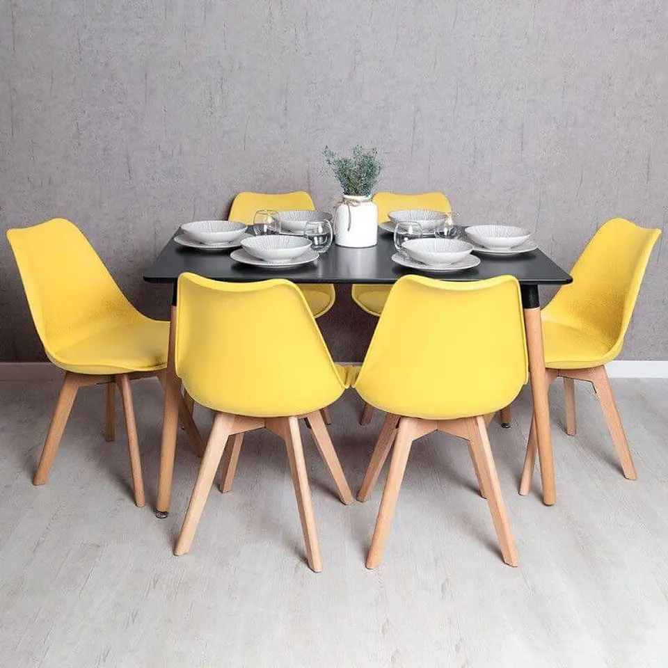 Mesa Rectangular Eames MDF + 6 Sillas Tulip polipropileno con cojin- comedor 6