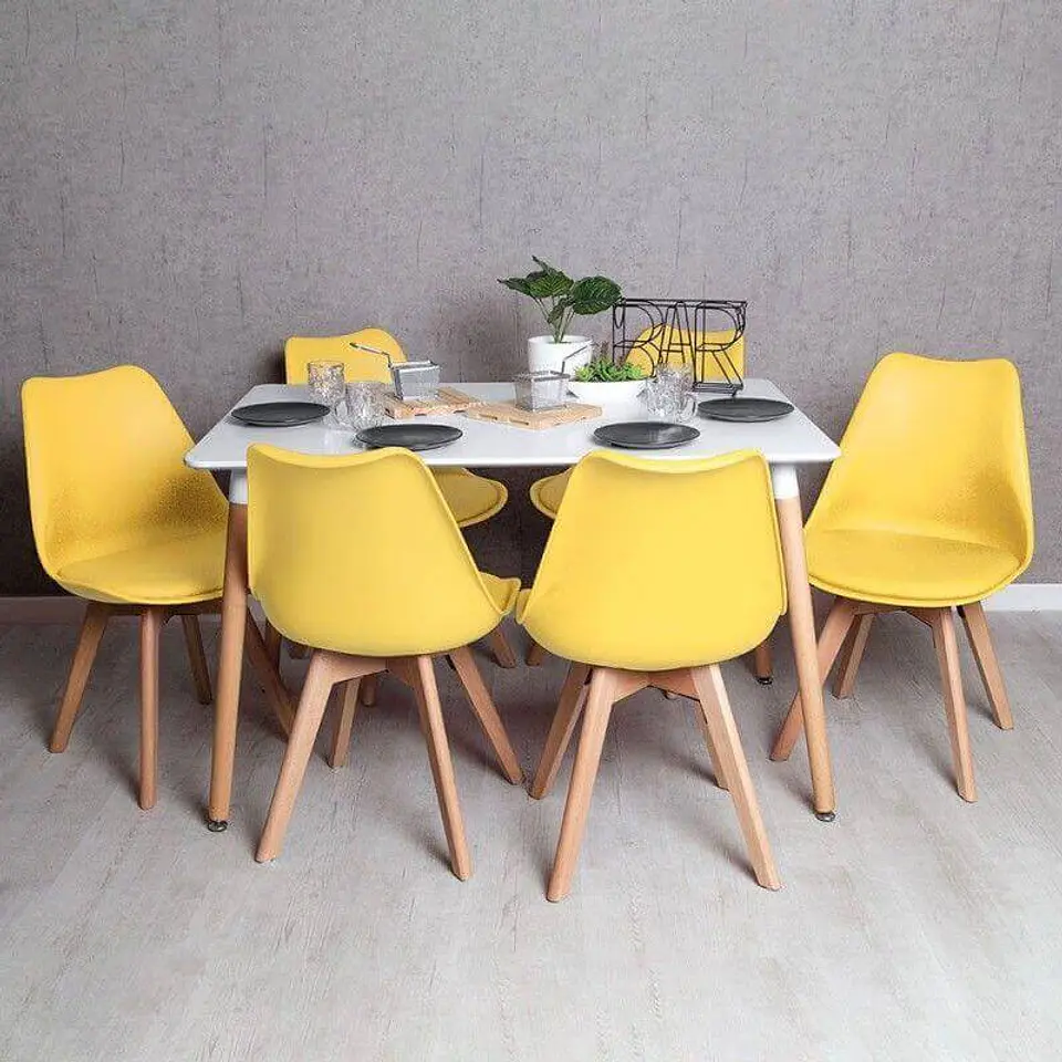 Mesa Rectangular Eames MDF + 6 Sillas Tulip polipropileno con cojin- comedor 9