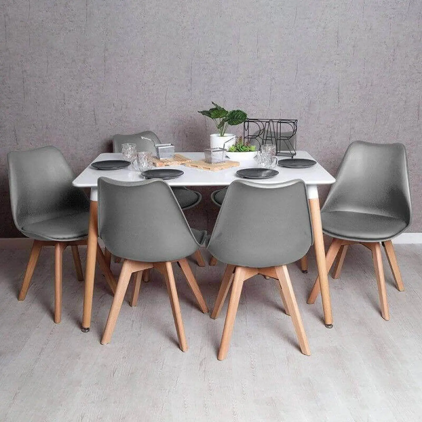 Mesa Rectangular Eames MDF + 6 Sillas Tulip polipropileno con cojin- comedor 14