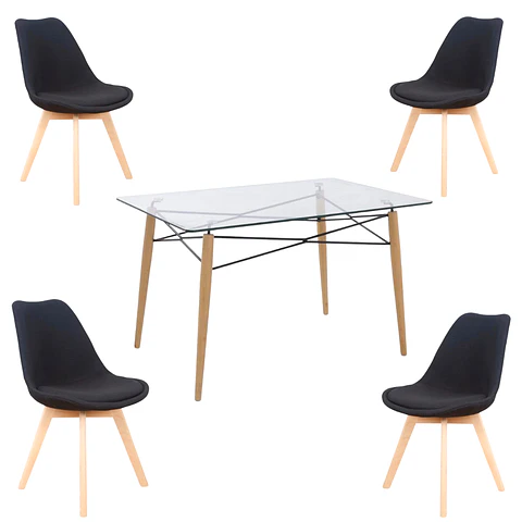 Mesa Rectangular europeo vidrio + 4 sillas Tulip acolchadas Lino- comedor 140cm