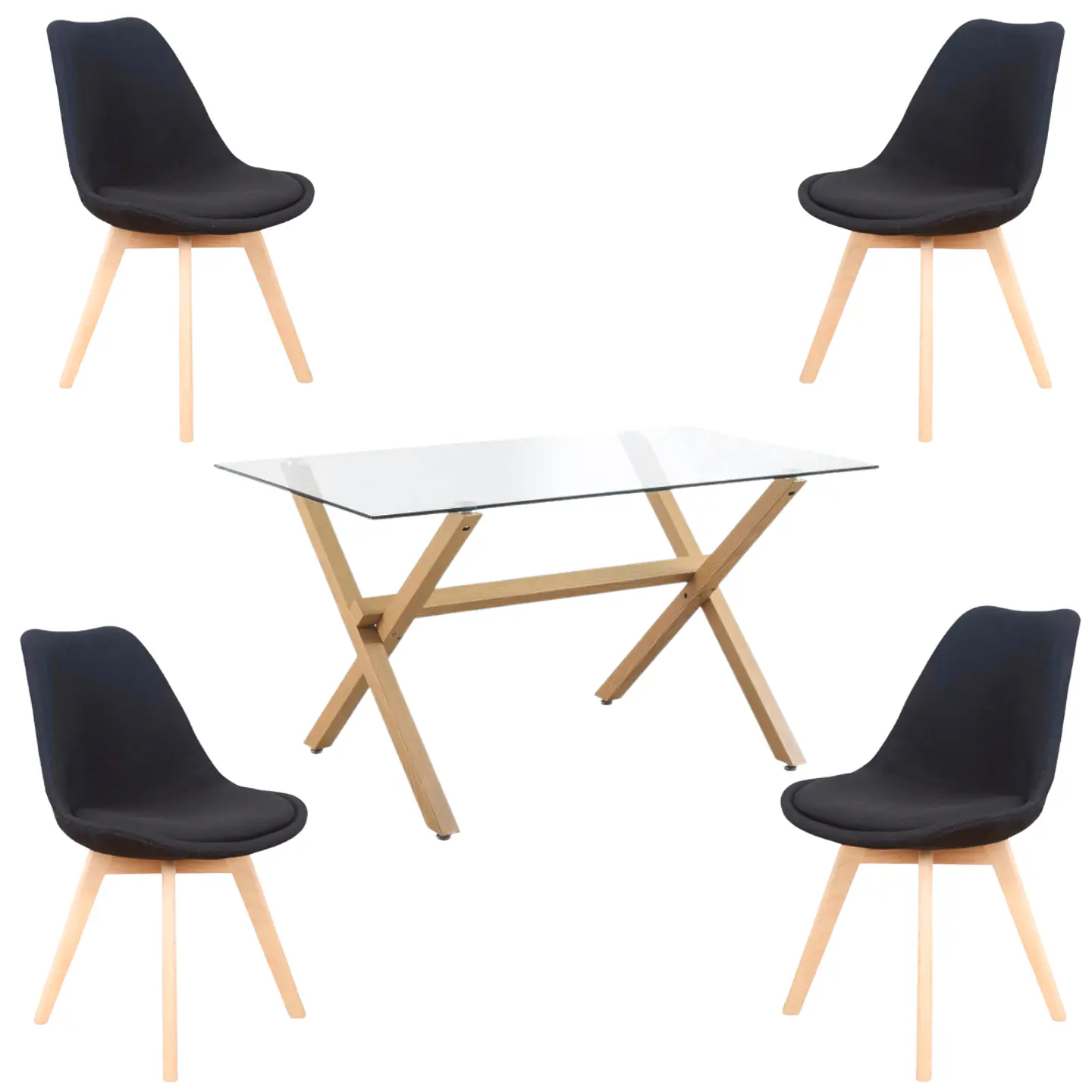 Mesa Rectangular cross chile vidrio + 4 sillas tulip acolchadas Lino- comedor 130cm 2