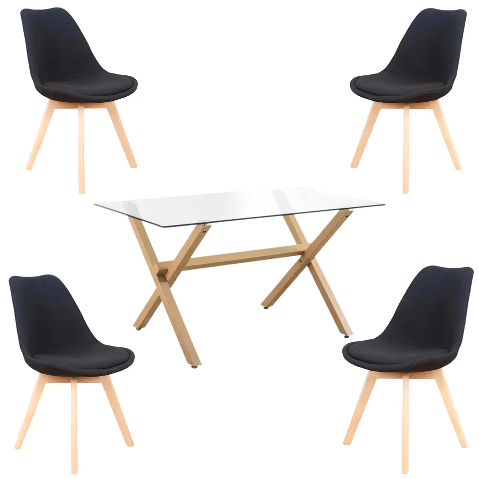 Mesa Rectangular cross chile vidrio + 4 sillas tulip acolchadas Lino- comedor 130cm 2