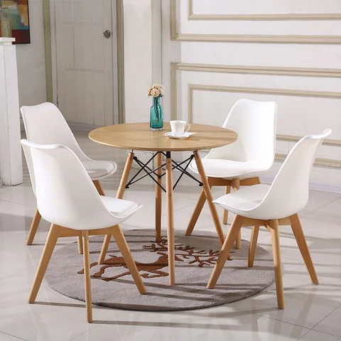 Mesa redonda eames wood MDF + 4 sillas tulip polipropileno con cojin- comedor