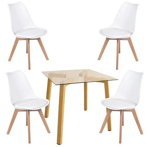 Comedor Cuadrado Vidrio 4 Sillas Tulip – Mesa 80x80cm