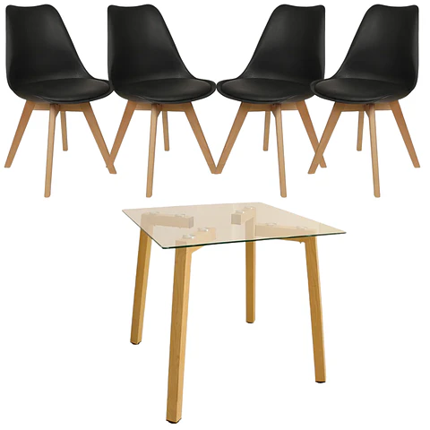 Comedor Cuadrado Vidrio 4 Sillas Tulip – Mesa 80x80cm