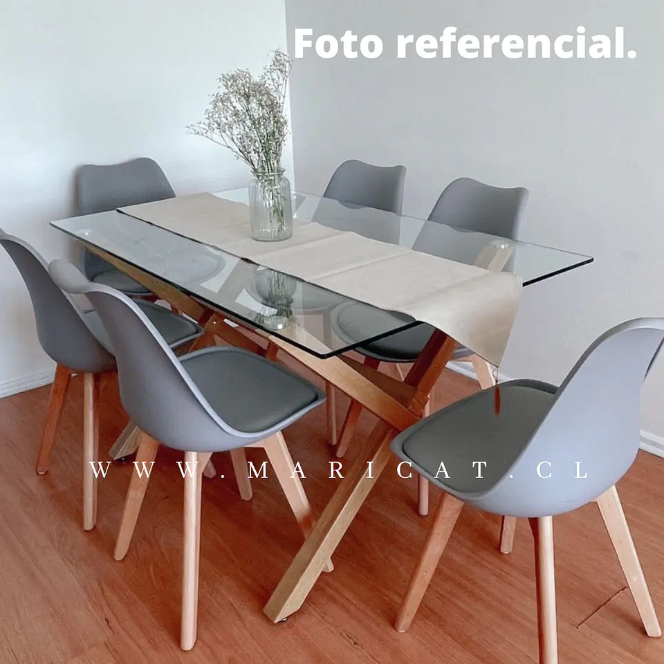 Mesa Rectangular cross madrid vidrio + 6 Sillas Tulip polipropileno con cojin- comedor 130cm 2