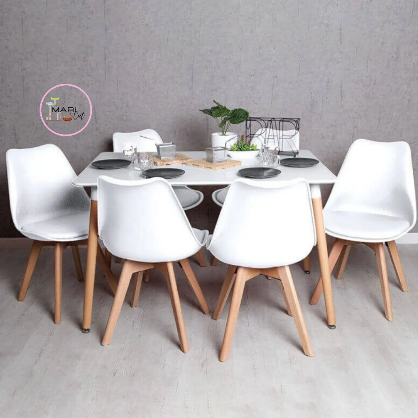 Mesa Rectangular eames MDF + 6 Silla Tulip polipropileno con cojin- comedor 130cm 2