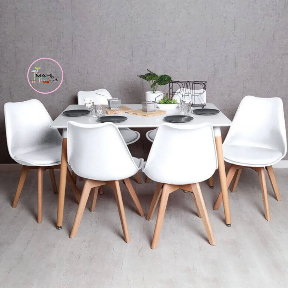 Mesa Rectangular eames MDF + 6 Silla Tulip polipropileno con cojin- comedor 130cm 2