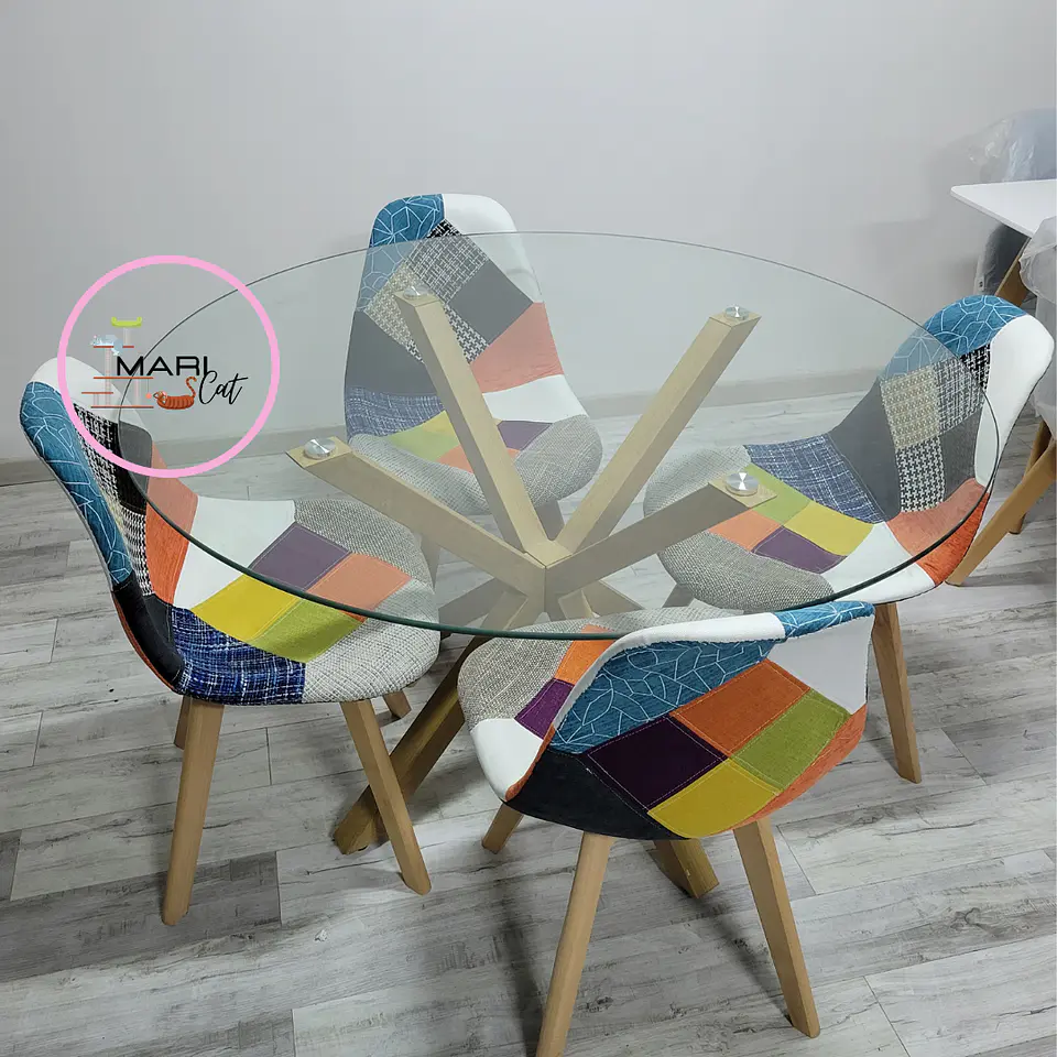Comedor Redondo Vidrio 4 Sillas Patchwork – Mesa 120cm 2
