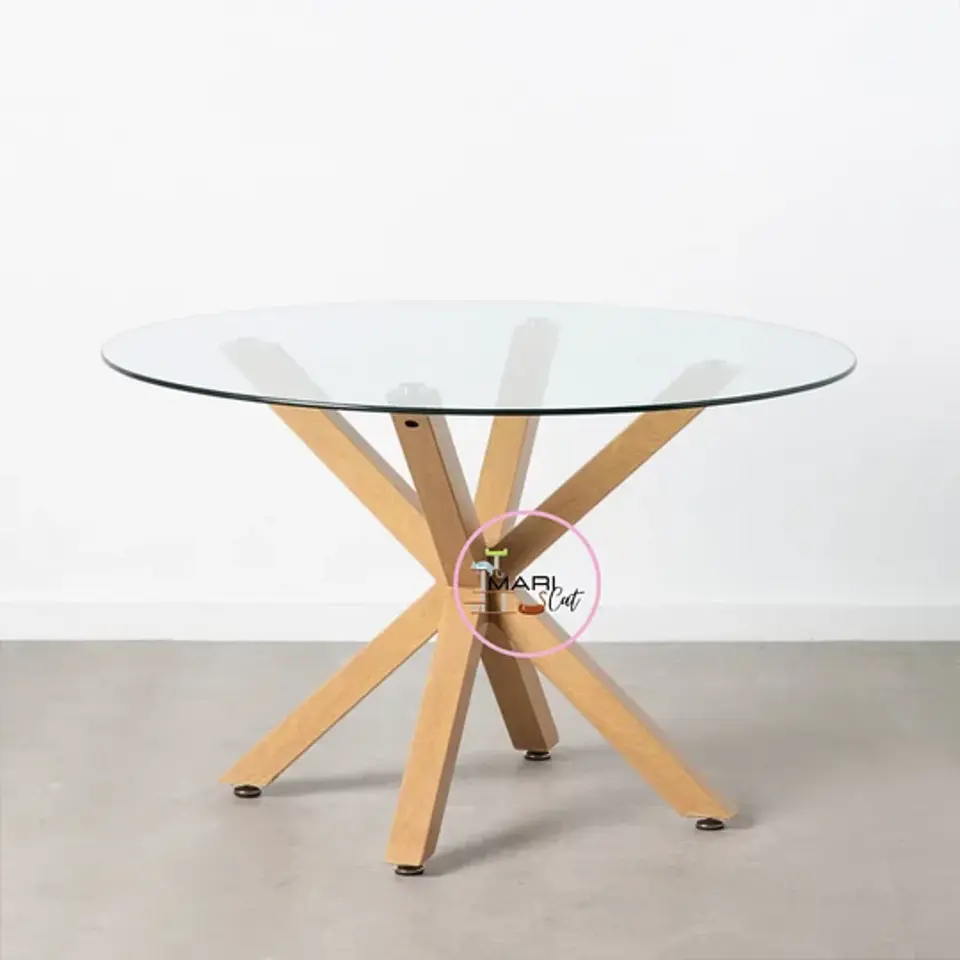 Mesa Madrid Warwick Cross Redonda de 100 cm Vidrio Templado y Patas Metálicas Efecto Madera Natural comedor restaurant 5
