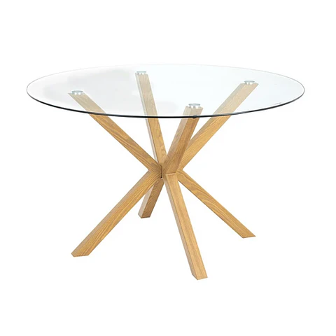 Mesa Madrid Warwick Cross Redonda de 100 cm Vidrio Templado y Patas Metálicas Efecto Madera Natural comedor restaurant