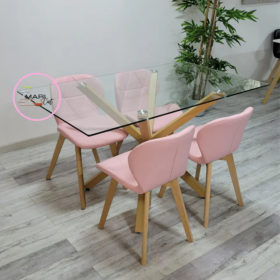 Mesa rectangular Warwick vidrio + 4 Sillas Mariposa ecocuero Tulip- comedor 4