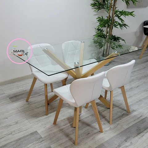 Mesa rectangular Warwick vidrio + 4 Sillas Mariposa ecocuero Tulip- comedor