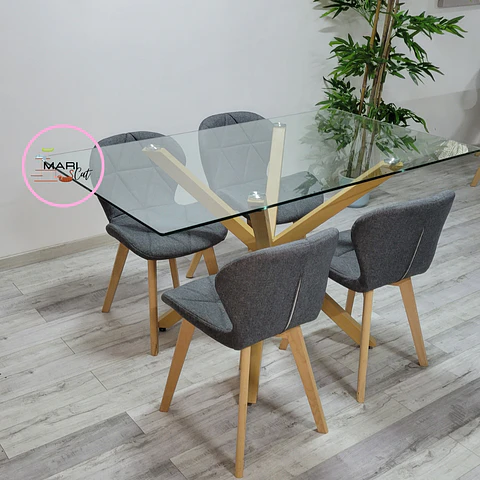 Mesa rectangular Warwick vidrio + 4 Sillas Mariposa Tulip lino- comedor