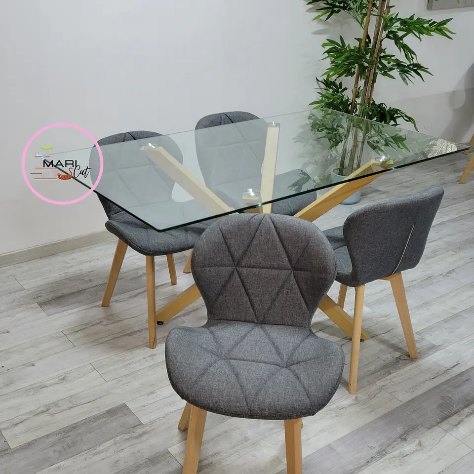 Mesa rectangular Warwick vidrio + 4 Sillas Mariposa Tulip lino- comedor 4