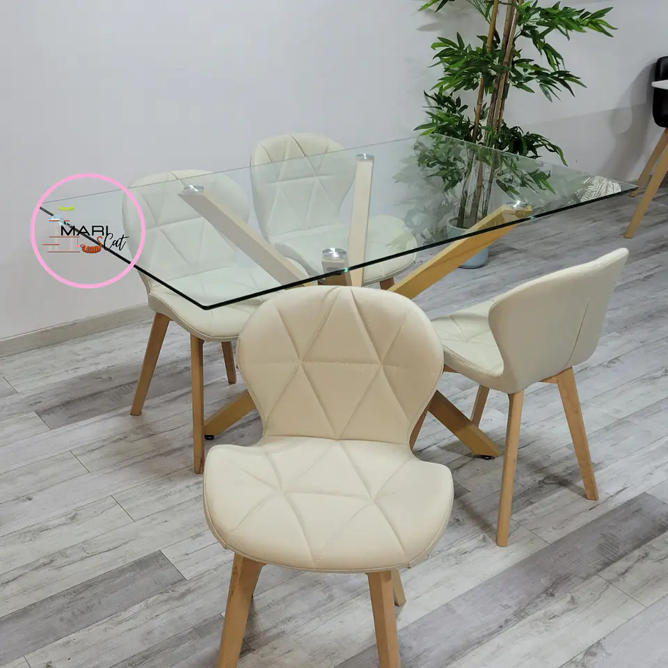 Mesa rectangular Warwick vidrio + 4 Sillas Mariposa Tulip lino- comedor 3