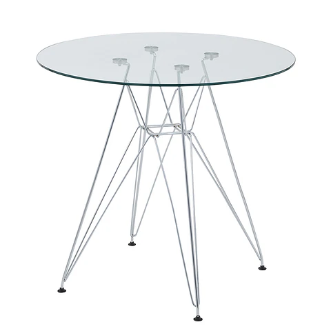 Mesa Eames Eiffel Metálica con Cubierta de Vidrio y Patas Plateadas