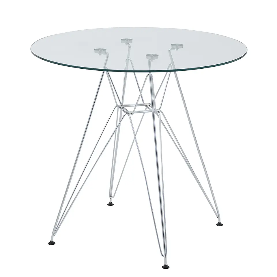 Mesa Eames Eiffel Metálica con Cubierta de Vidrio y Patas Plateadas 2